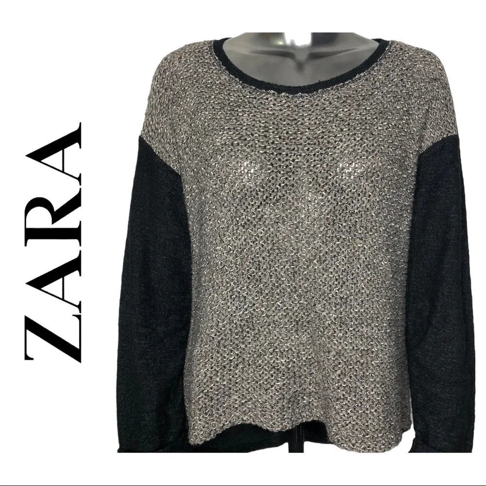 🛍️3/$40 Zara  Black Grey Metallic Mixed Long Sleeve Sweater Size Small